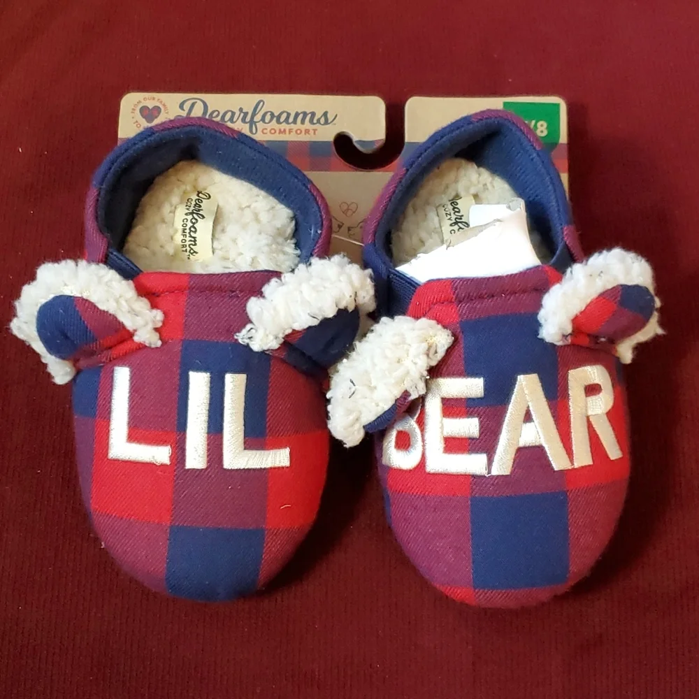 Toddler Boys Girls Dearfoams LIL BEAR Buffalo Check Slippers Size 7/8 Navy NWT